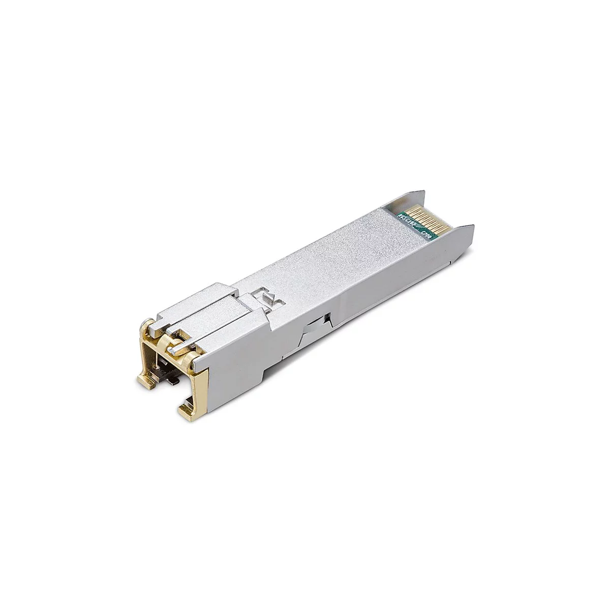 Ein silberner SFP-Transceiver, Details der goldenen und grünen Elemente. Text: RBS C192 C200.