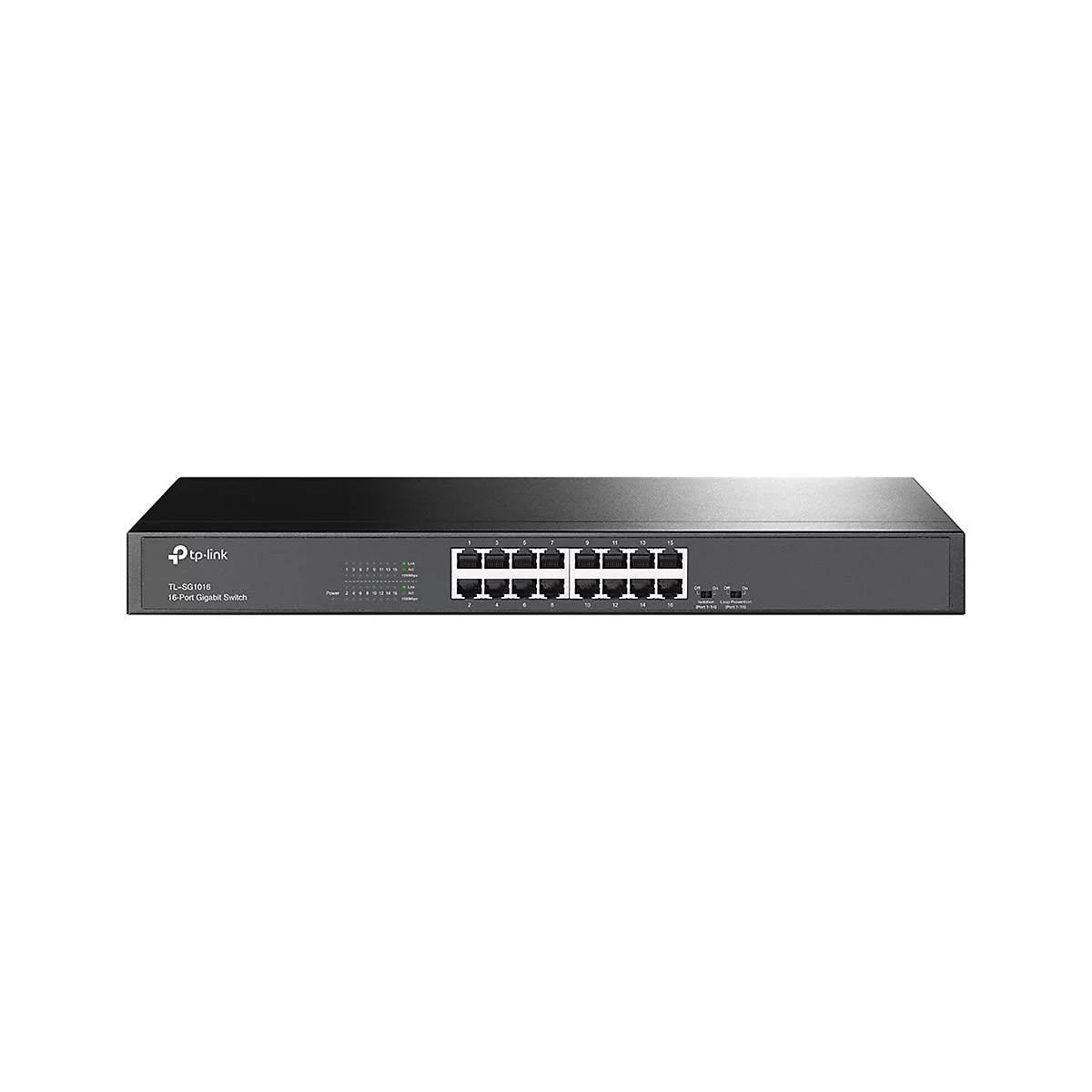 Un commutateur TP-Link noir sur fond blanc. Il possède 16 ports et diverses LED.