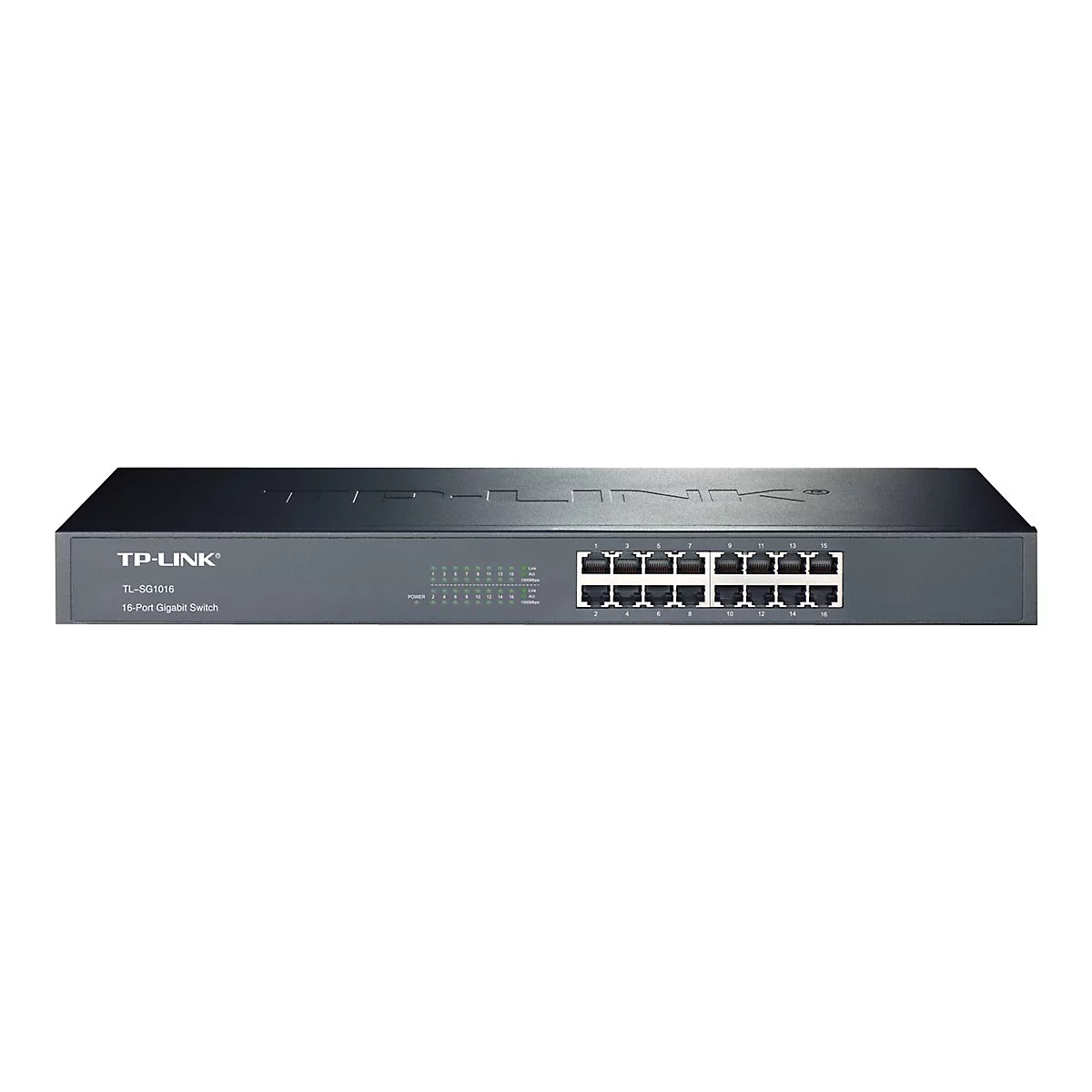 Commutateur Gigabit TP-Link noir à 16 ports, avec ports et LED. Texte: TP-Link, TL-SG1016.