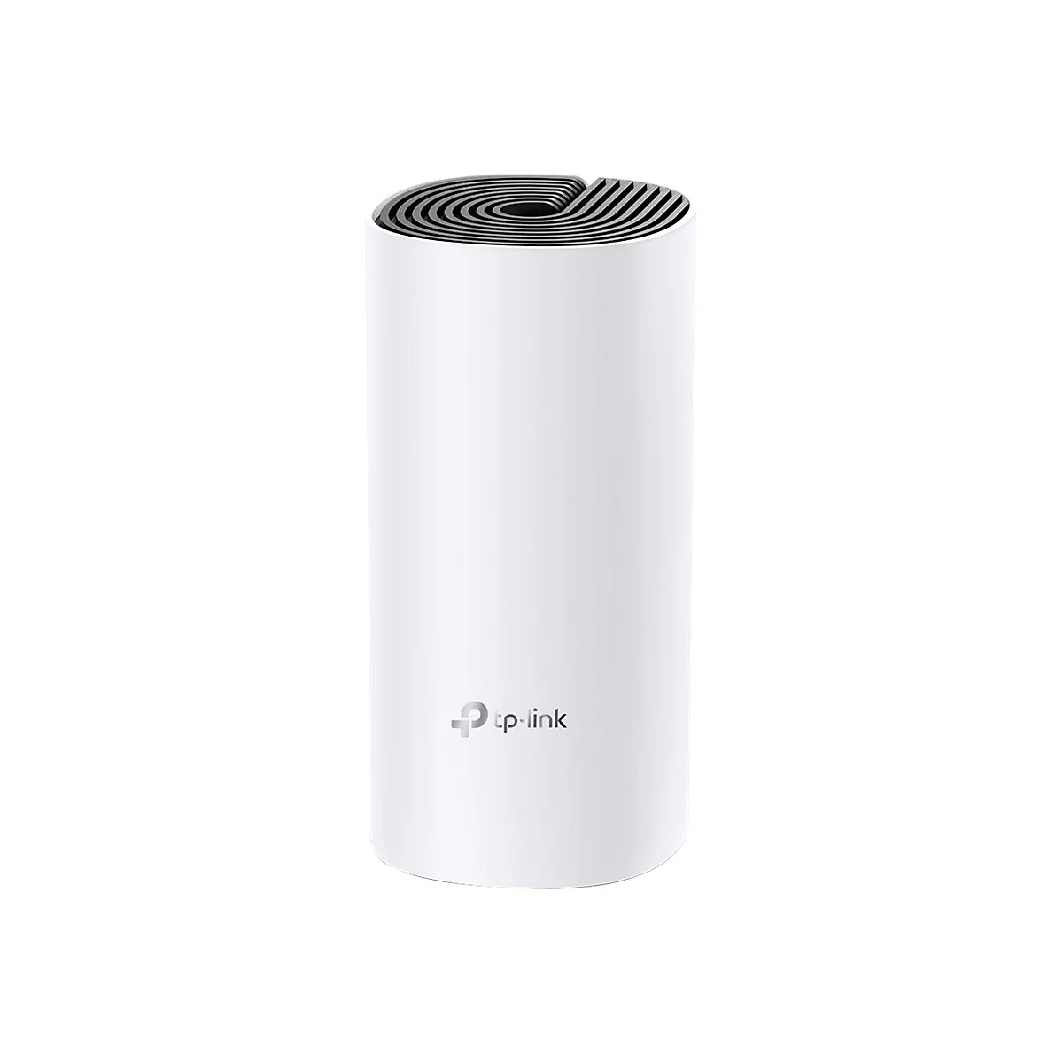 Routeur Wi-Fi TP-Link cylindrique blanc. Dessus noir rainuré, logo en bas.