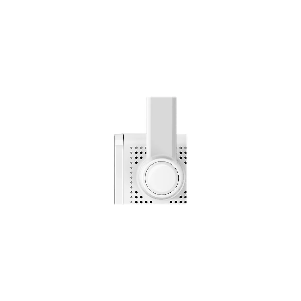 Nahaufnahme eines weißen Geräts. Das Gerät hat eine runde Basis mit einem hervorstehenden, rechteckigen Teil.