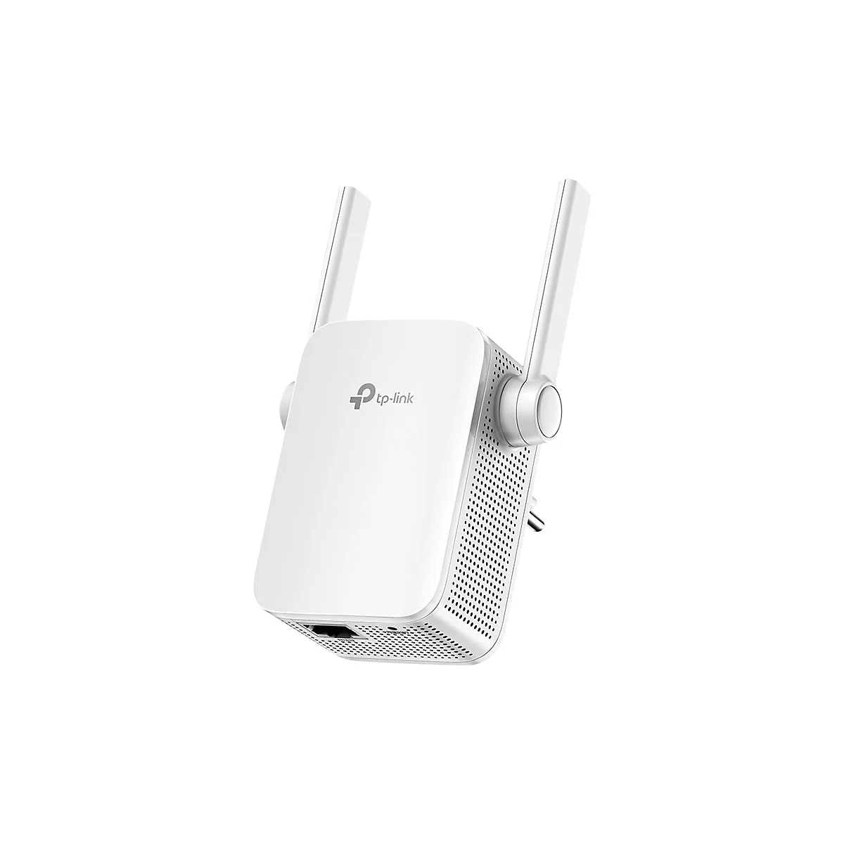 Weißer WLAN-Repeater mit zwei Antennen. Logo 'tp-link'.