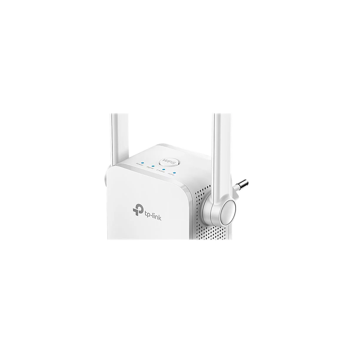 Nahaufnahme eines weißen WLAN-Repeaters von tp-link mit Antennen und WPS-Taste. Es ist auf weißem Hintergrund.