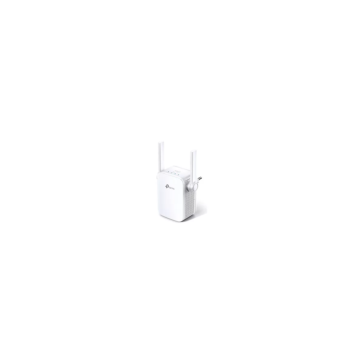 Weißer WLAN-Repeater mit zwei Antennen und Logo. Das Gerät ist an einer Steckdose befestigt.