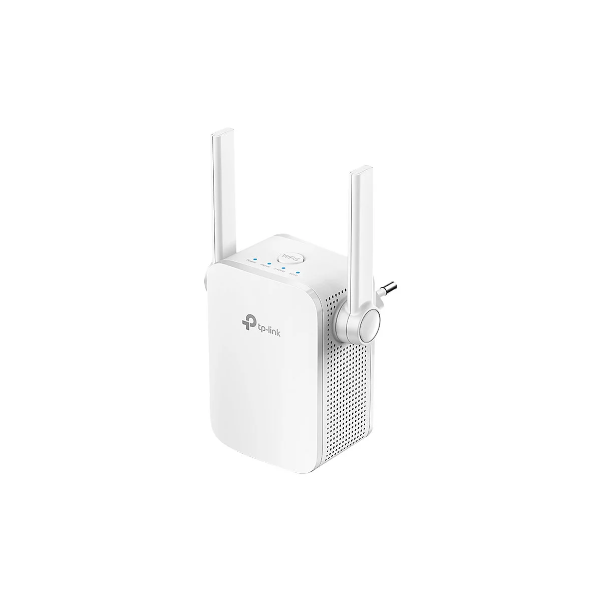 Weißer WLAN-Repeater mit zwei Antennen, die aus dem Gehäuse ragen, Tp-Link Logo. WPS-Taste.