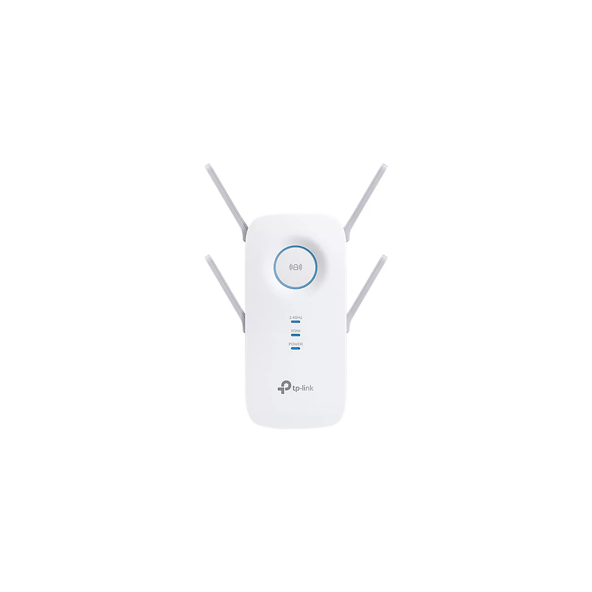 Weißer TP-Link WLAN-Repeater mit vier ausklappbaren Antennen und zentraler runder WPS-Taste vor weißem Hintergrund.