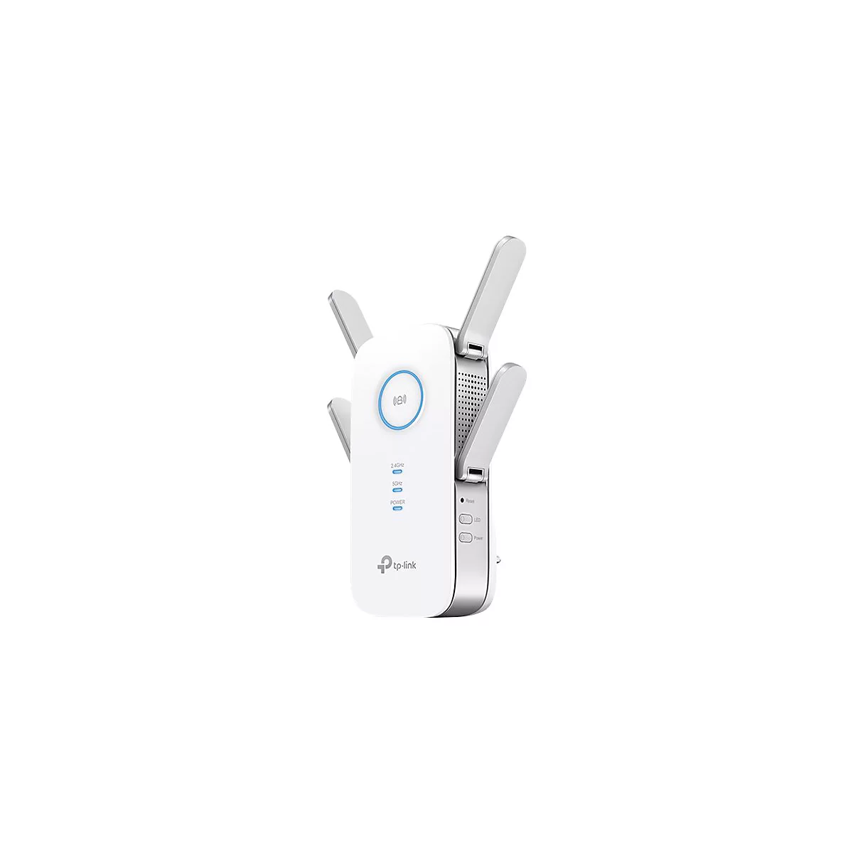Weißer TP-Link WLAN-Repeater mit vier ausklappbaren Antennen und Status-LEDs auf neutralem Hintergrund.