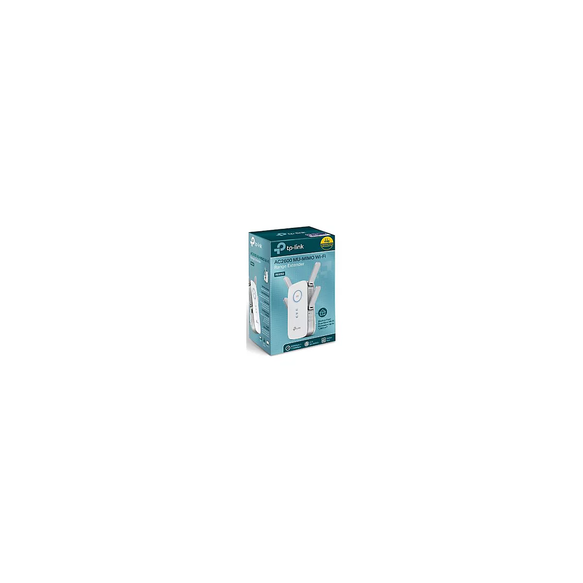 Verpackung des TP-Link AC2600 MU-MIMO Wi-Fi Range Extenders RE650 mit weißem Gerät und vier Antennen.