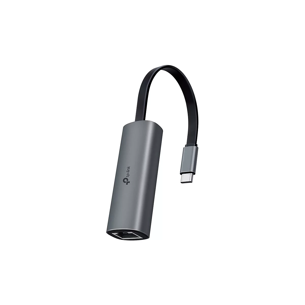 Adaptateur TP-Link gris avec connecteur RJ45 et USB-C, câble noir. Inscription : TP-Link.