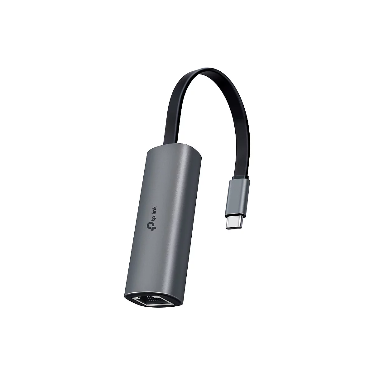 Adaptateur Ethernet USB-C gris, connecté avec un câble noir. L'appareil porte le logo tp-link.