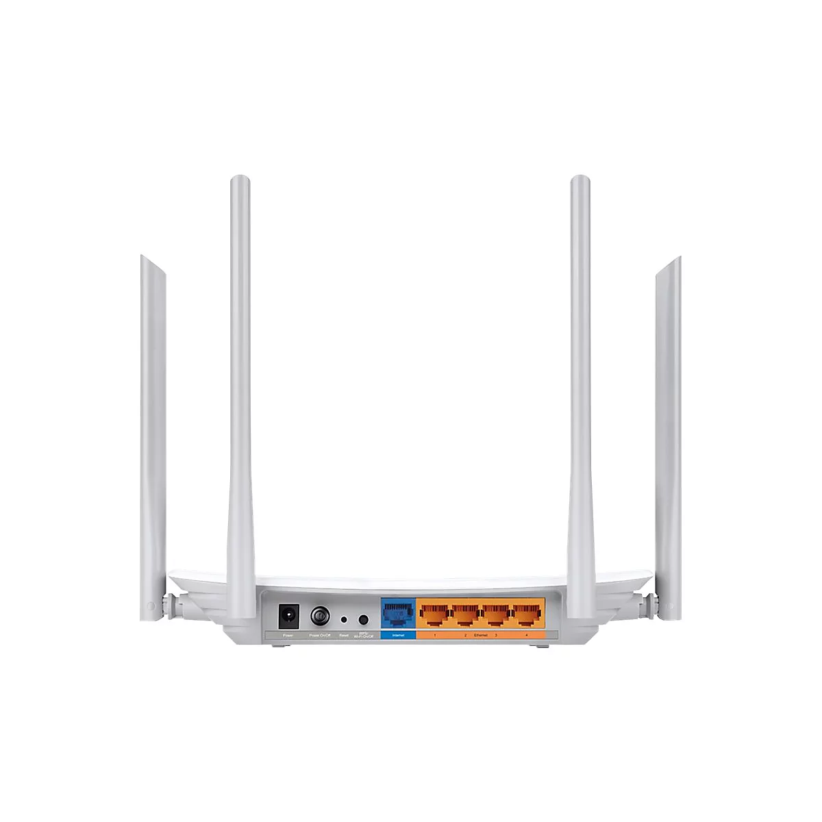 Ein weiÃŸer Router mit vier Antennen, RÃ¼ckansicht, zeigt AnschlÃ¼sse.