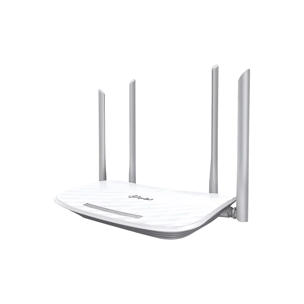 WeiÃŸer Router mit vier grauen Antennen. Auf der OberflÃ¤che befindet sich das Logo.