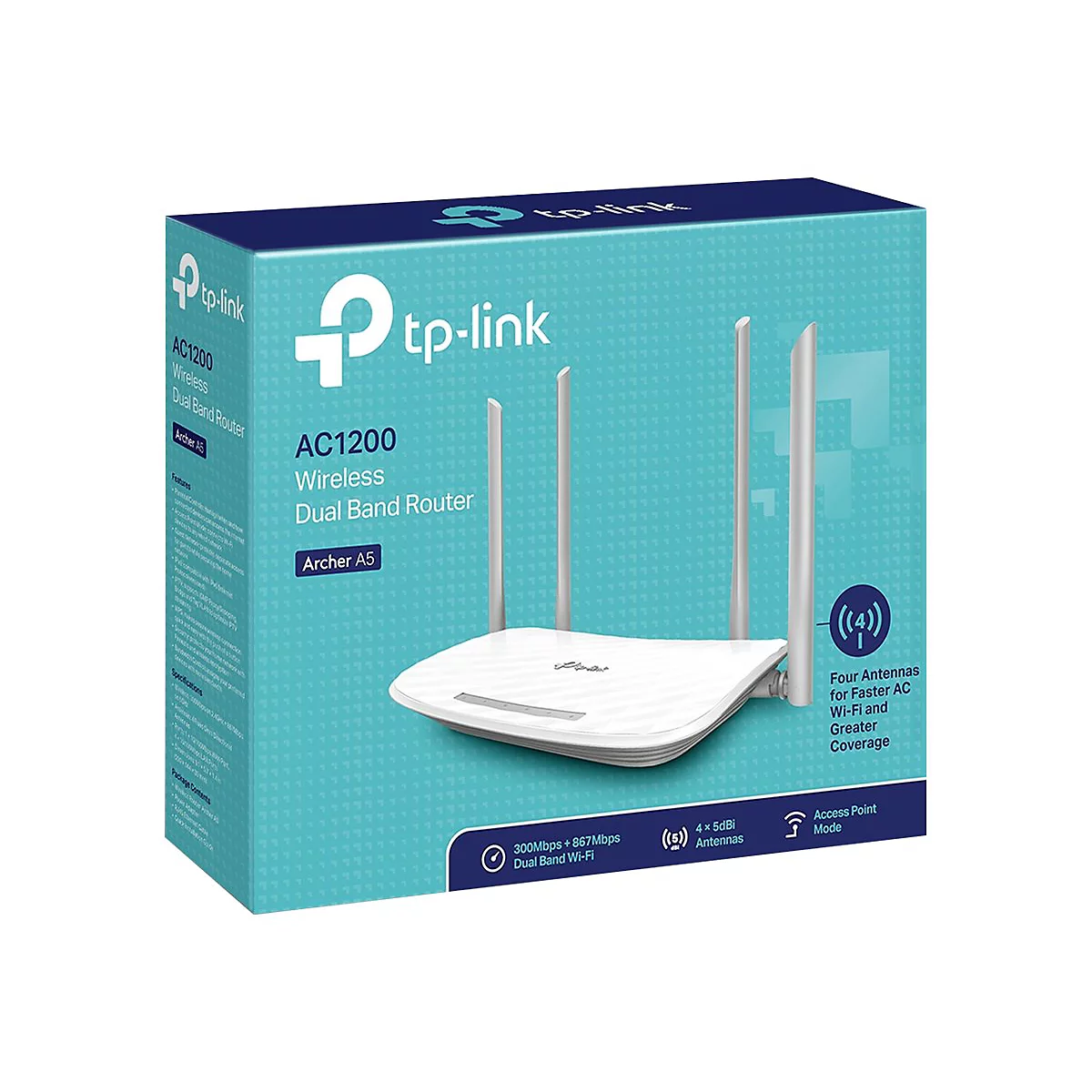 Ein Router mit vier Antennen steht vor einer tÃ¼rkisfarbenen Schachtel, auf der tp-link steht. Text: AC1200, Dual Band Router, Archer A5.