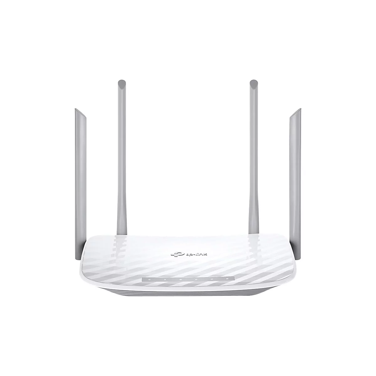 WeiÃŸer Router mit vier grauen Antennen. Das GehÃ¤use hat eine wellenfÃ¶rmige Textur und das Logo von TP-Link ist sichtbar.