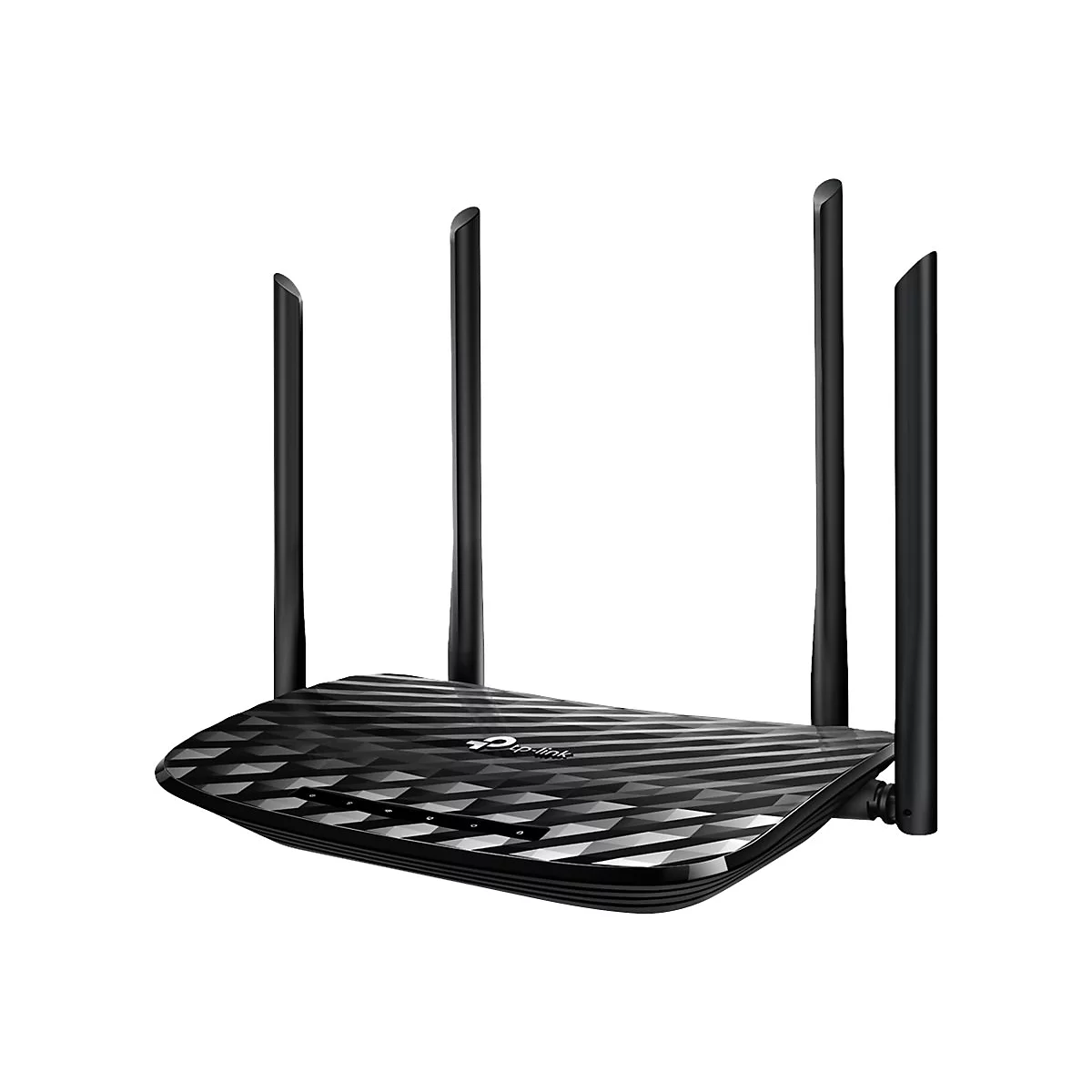 Ein schwarzer TP-Link Router mit vier Antennen. Das Gehäuse hat ein geometrisches Muster, das Logo ist sichtbar.