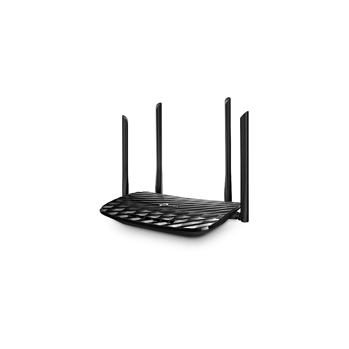 Schwarzer Router mit vier Antennen, auf weißem Hintergrund. Die Oberseite hat ein geometrisches Muster, das Logo von TP-Link ist sichtbar.