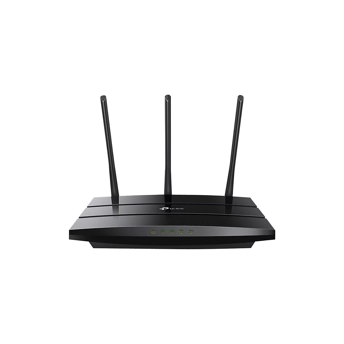 Schwarzer WLAN-Router mit drei Antennen, einem Logo von TP-Link und grünen Kontrollleuchten.
