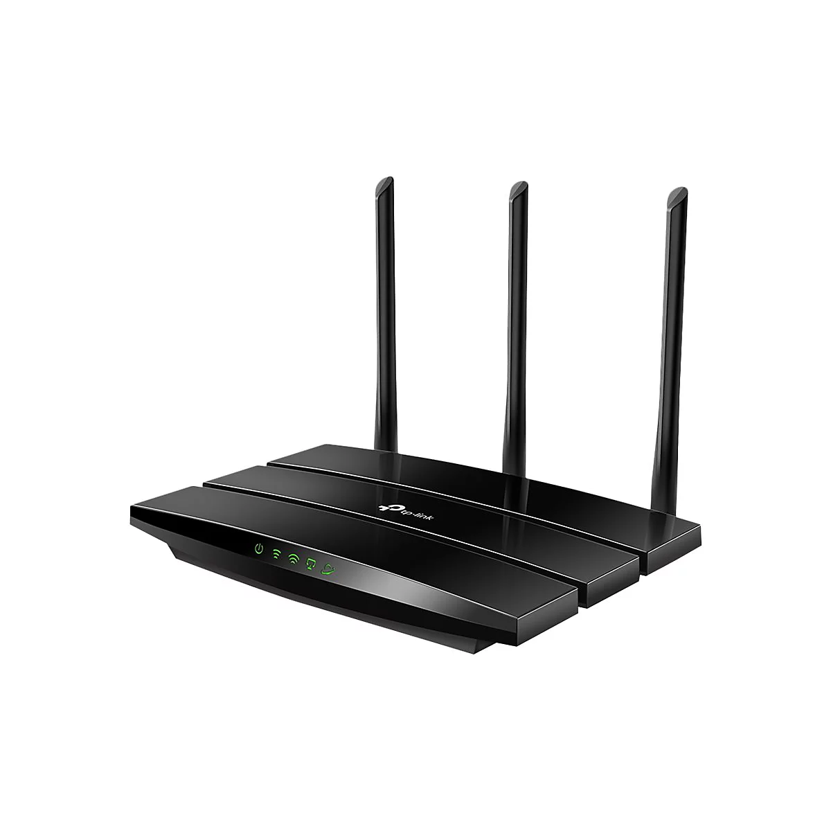 Schwarzer WLAN-Router mit drei Antennen, grünen LEDs und tp-link Logo.