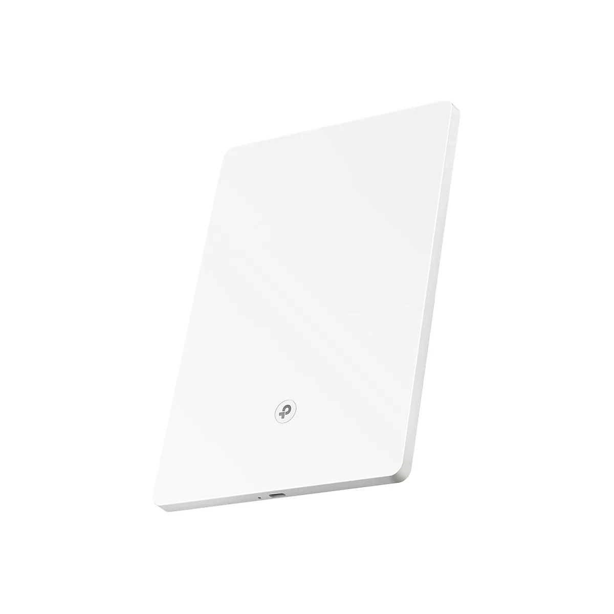 Appareil rectangulaire blanc aux coins arrondis. Un symbole en haut à droite. Un petit renfoncement dans la zone inférieure.