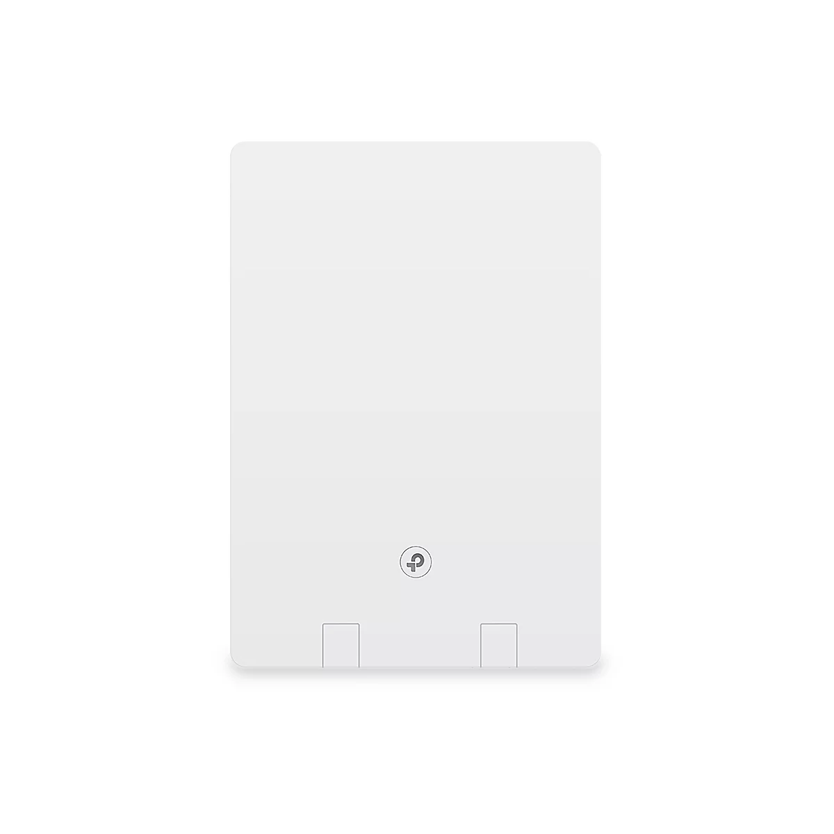 Appareil blanc rectangulaire, coins arrondis. Symbole au milieu en bas, deux renfoncements rectangulaires.