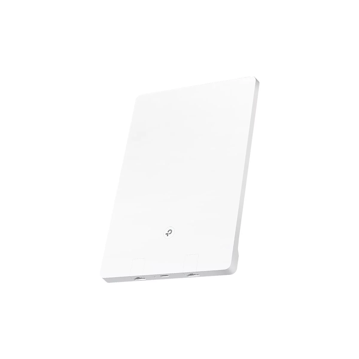 Appareil blanc et rectangulaire aux coins arrondis, incliné sur fond blanc. Ports en bas.