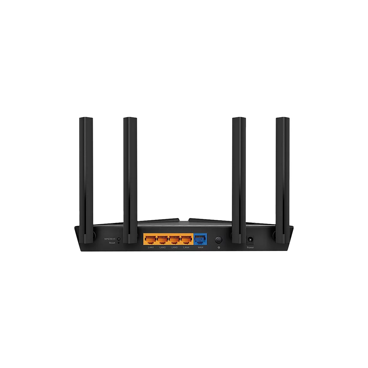 Schwarzer Router mit vier Antennen, LAN und WAN-Anschlüssen.