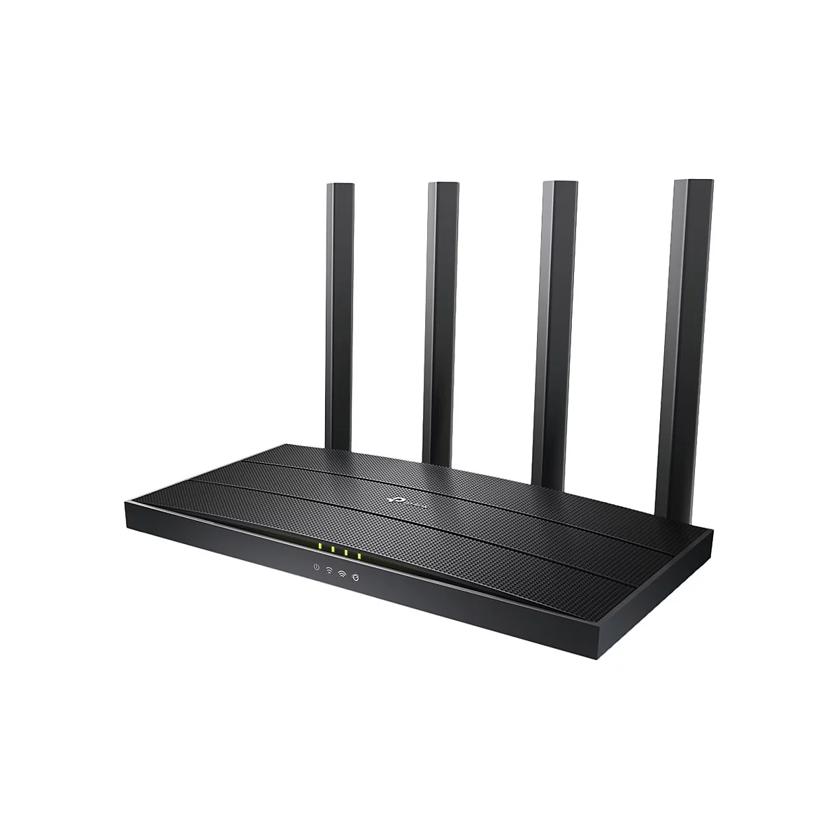Schwarzer WLAN-Router mit vier Antennen, auf weißem Hintergrund.