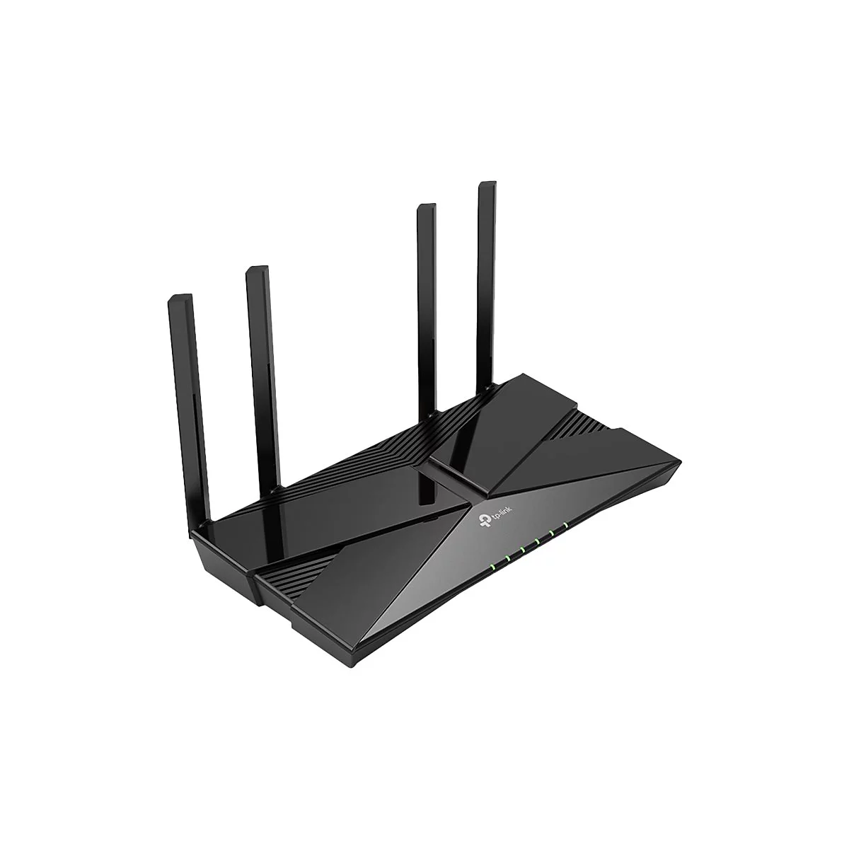 Schwarzer WLAN-Router mit vier Antennen. Das Logo von TP-Link ist sichtbar. Grüne LEDs leuchten.