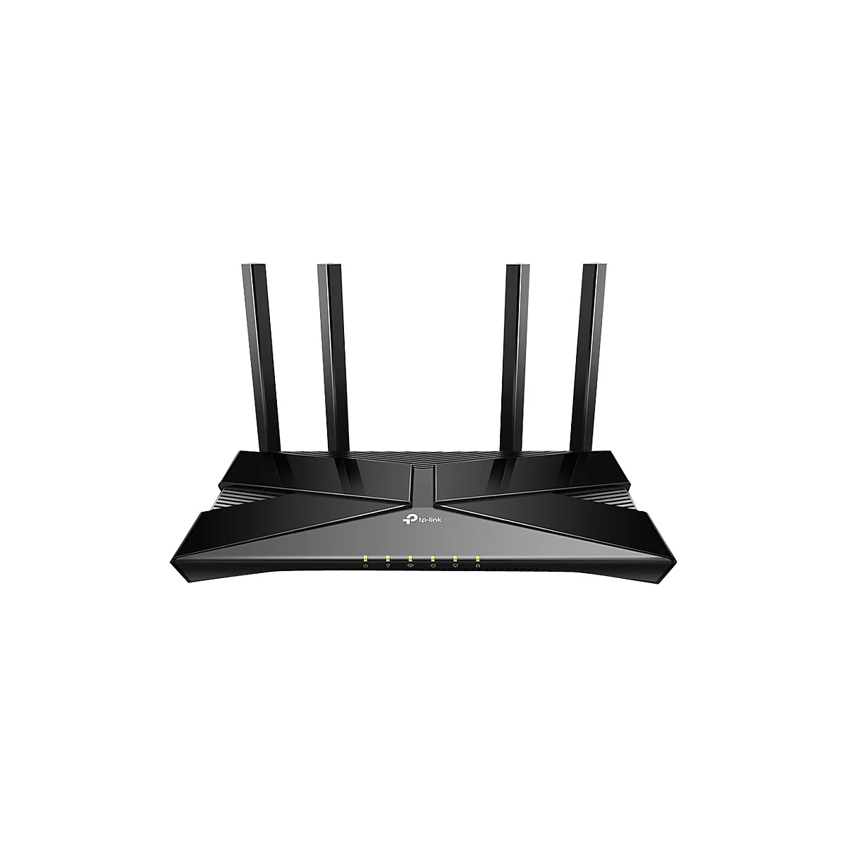Schwarzer WLAN-Router mit vier Antennen, darunter ein Logo von TP-Link und grüne Kontrollleuchten.