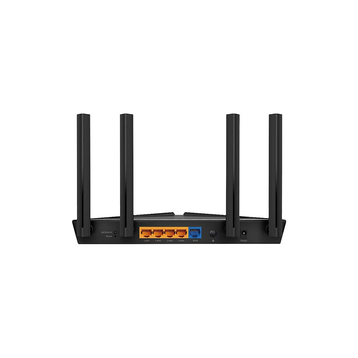 Routeur noir avec quatre antennes, ports LAN et WAN, boutons d'alimentation et de réinitialisation.