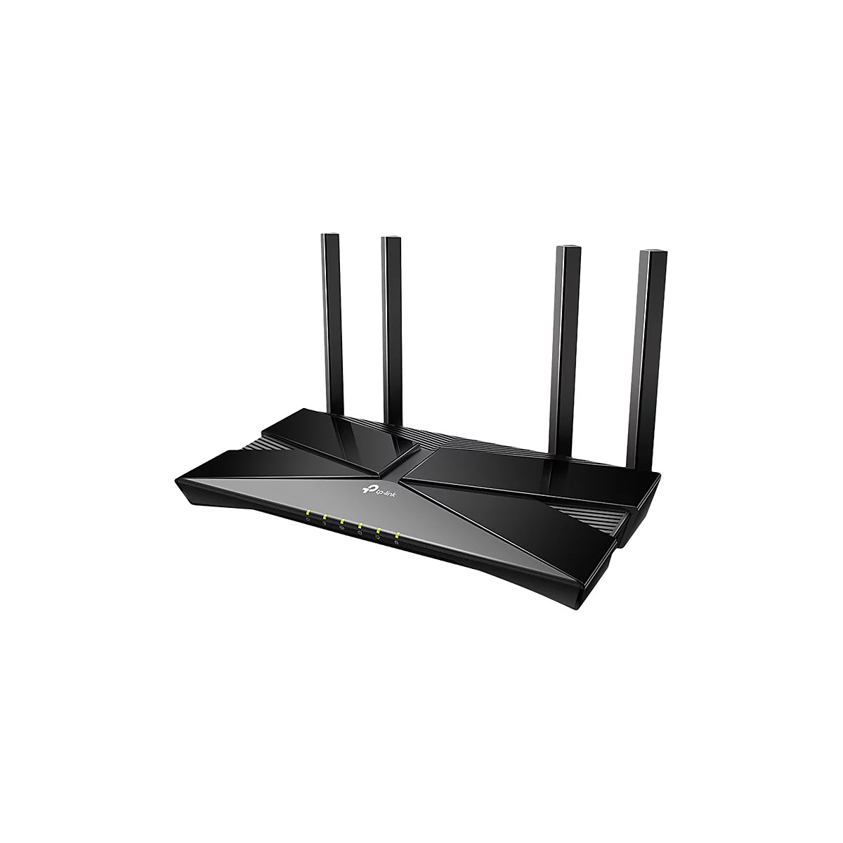 Routeur Wi-Fi noir avec quatre antennes, logo TP-Link et voyants d'état.