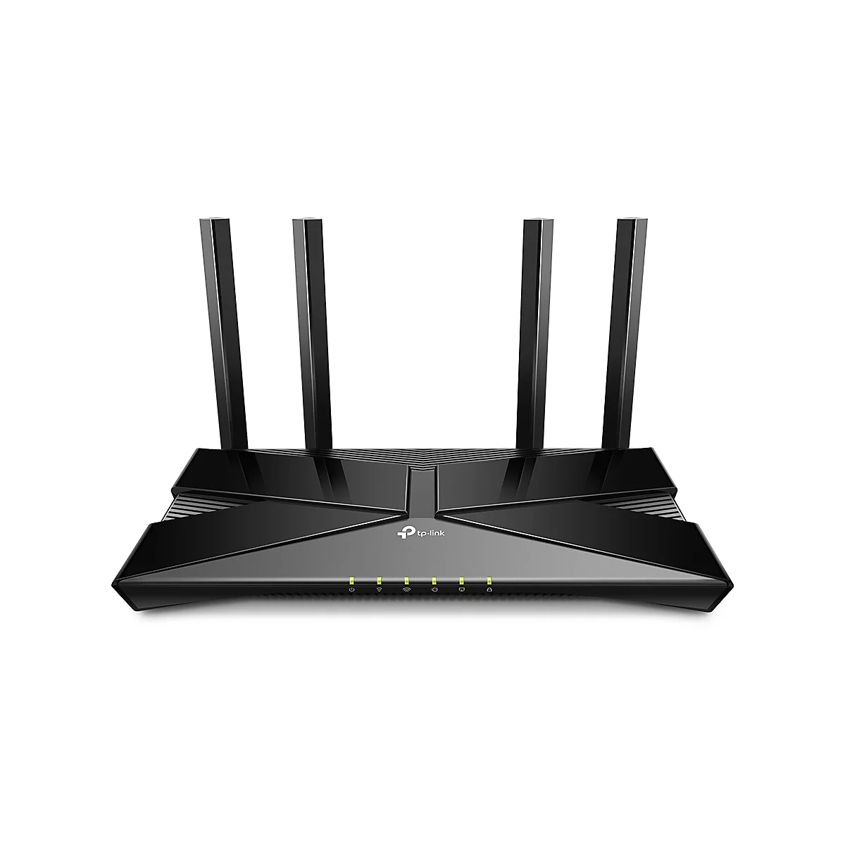 Schwarzer WLAN-Router mit vier Antennen, darunter ein Logo von tp-link und grüne Status-LEDs.