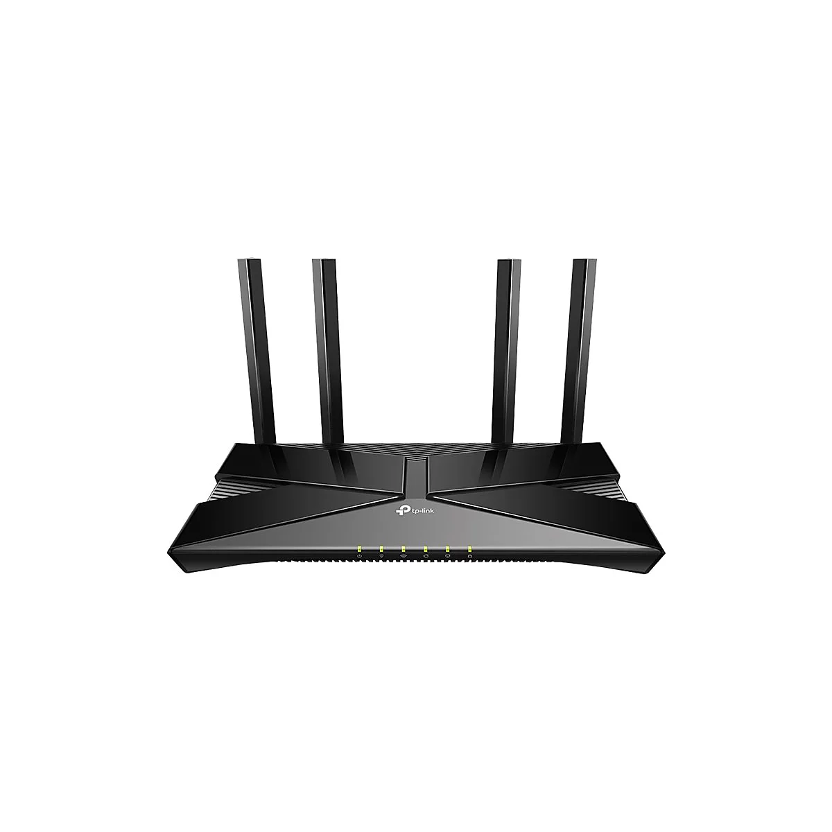 Schwarzer WLAN-Router mit vier Antennen, darunter ein TP-Link-Logo und Kontrollleuchten.