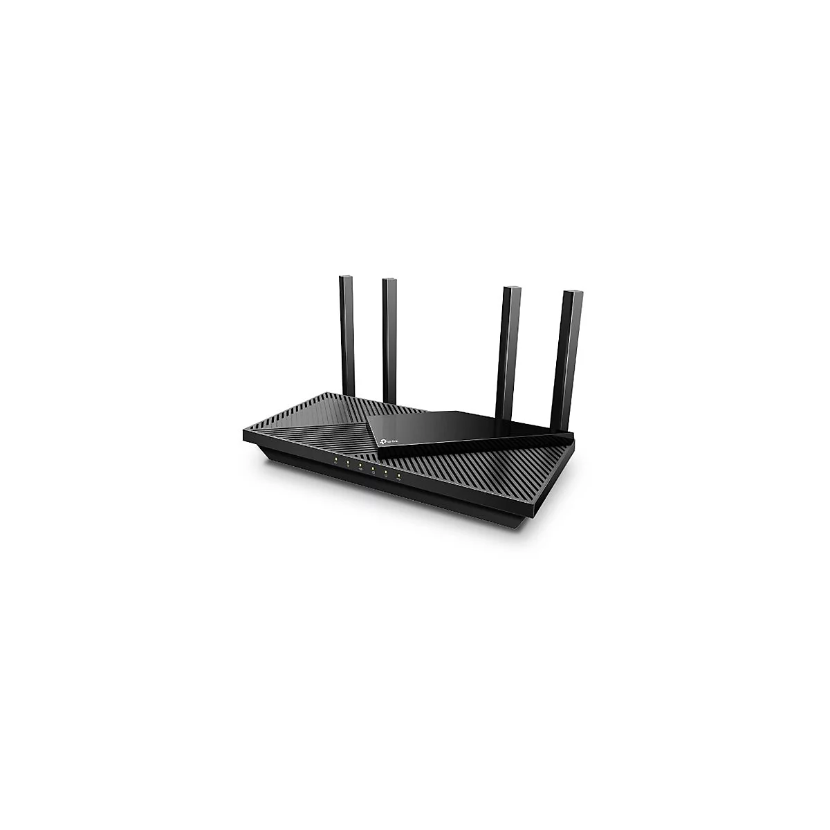 Schwarzer WLAN-Router mit vier Antennen, auf weißem Hintergrund.