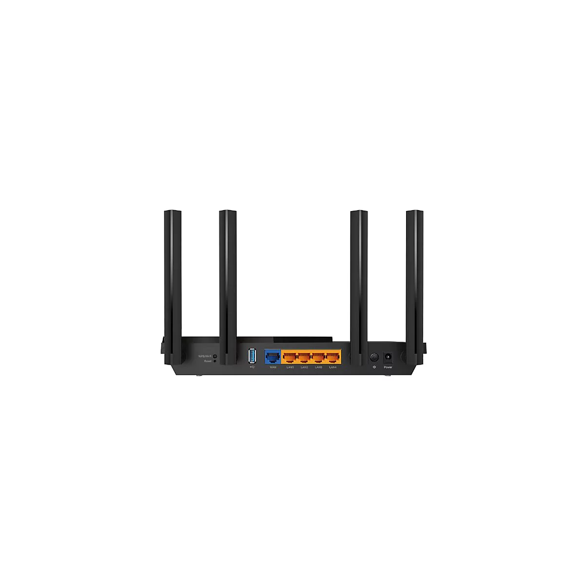Schwarzer Router mit vier Antennen, Rückseite. Anschlüsse: USB, WAN, LAN1-4, Power.