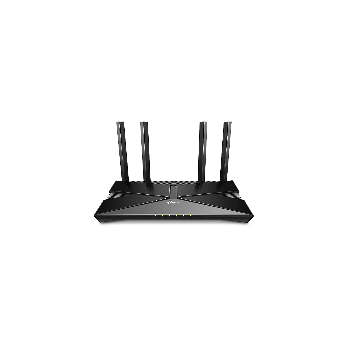 Schwarzer WLAN-Router mit vier Antennen, darunter ein tp-link Logo und Kontrollleuchten.