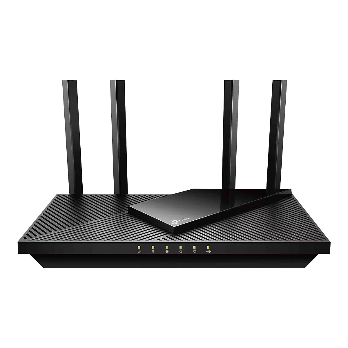 Schwarzer WLAN Router mit vier Antennen, diagonaler Oberfläche und Kontrollleuchten.