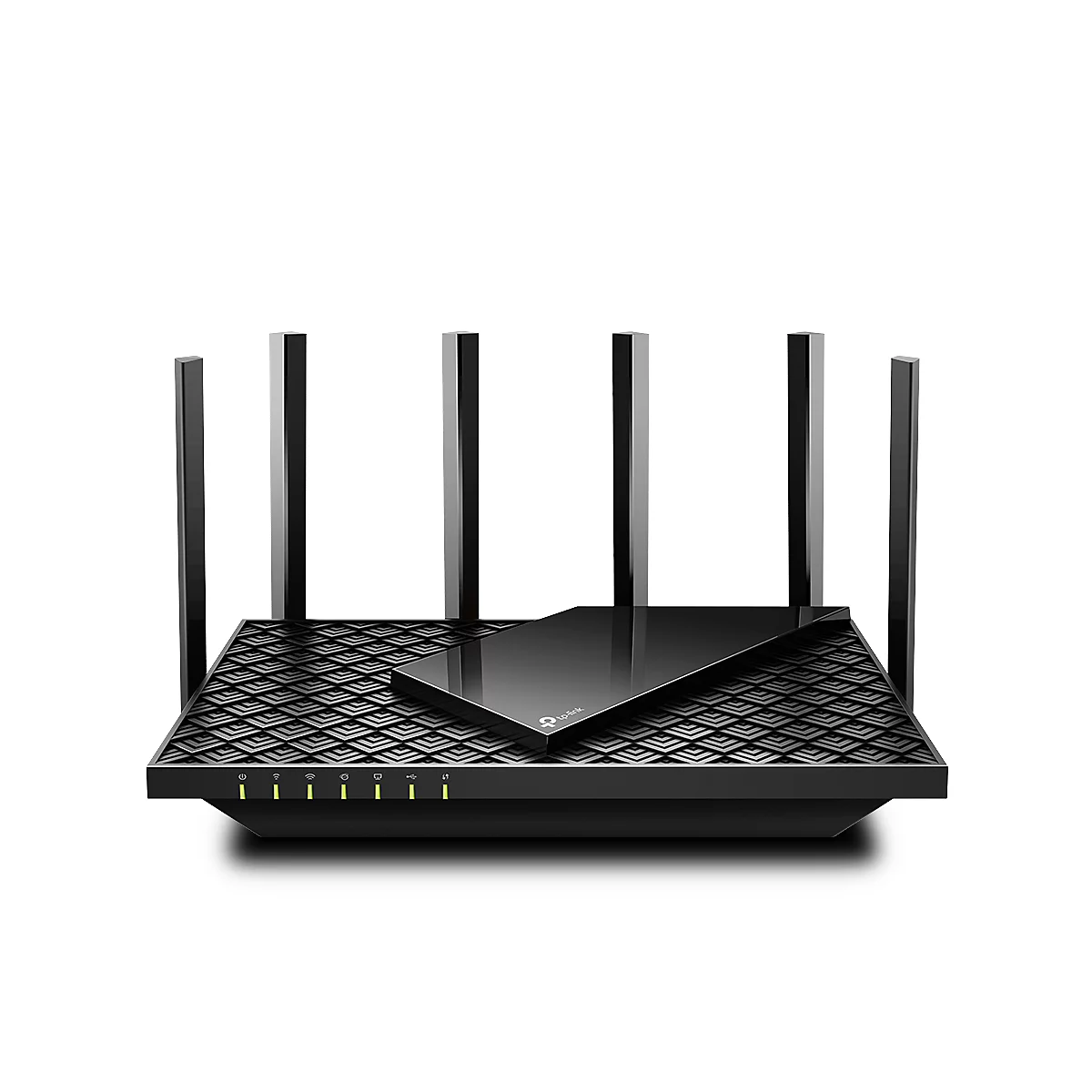 Routeur Wi-Fi noir avec sept antennes. Un motif de lignes diagonales sur le dessus et de petites lumières sur le devant.