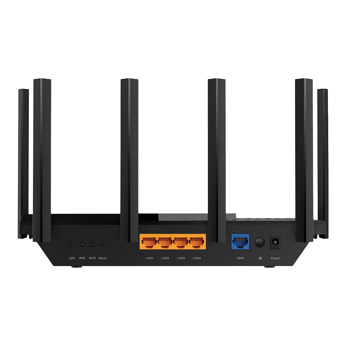 Routeur noir avec antennes. Ports étiquetés : LAN1-4, WAN, alimentation, LED, WPS, Wi-Fi, Réinitialiser.