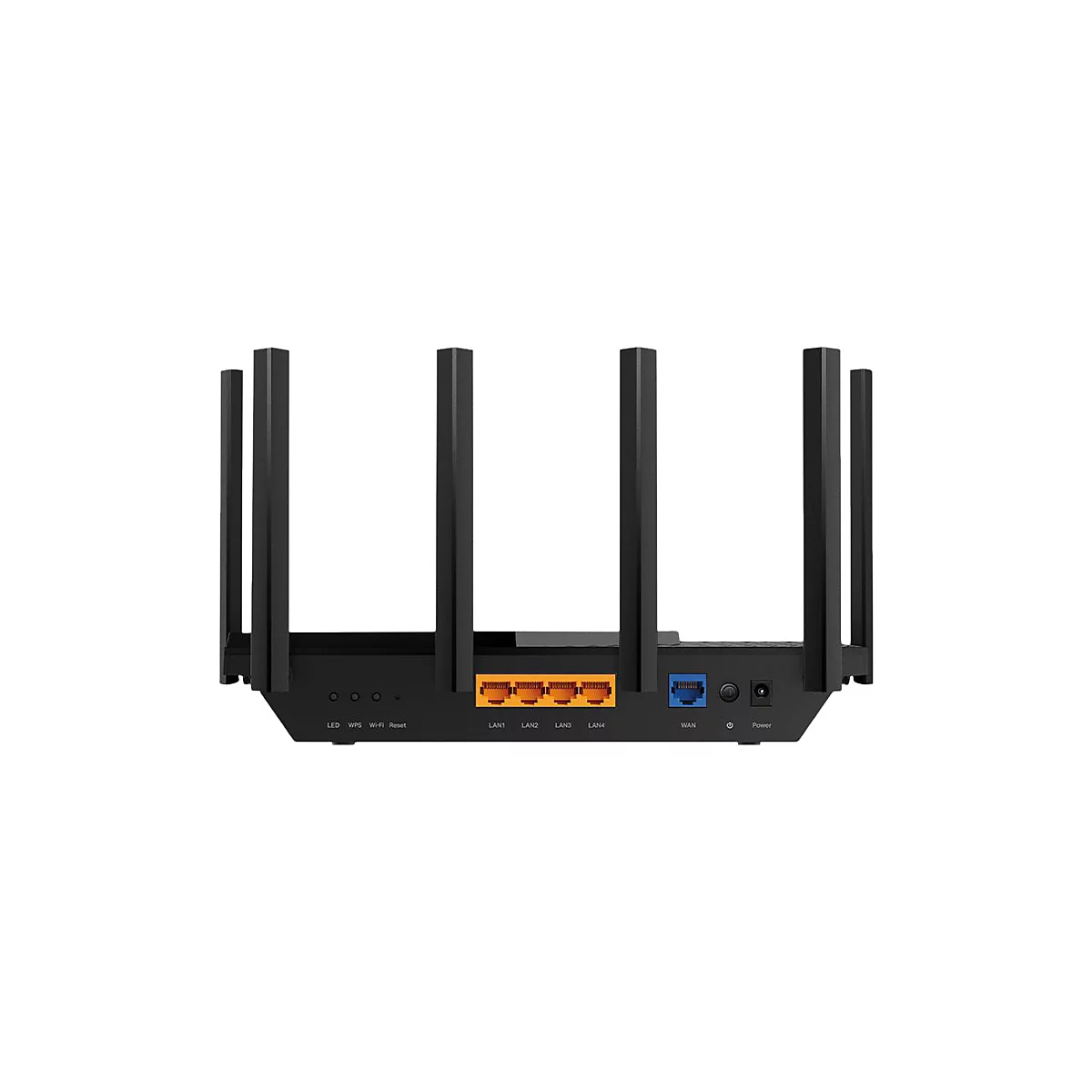 Schwarzer WLAN-Router, Rückseite. Mehrere Antennen, gelbe und blaue Anschlüsse, Beschriftung mit LED, WAN, LAN1-4 und Power.