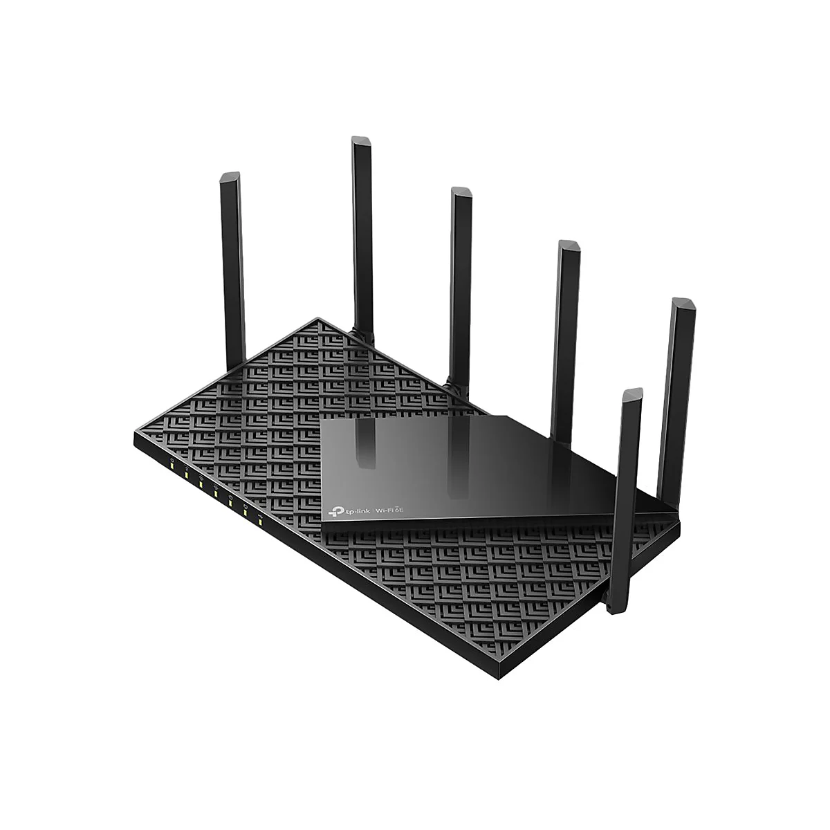 Schwarzer WLAN-Router mit Antennen, auf weißem Hintergrund.