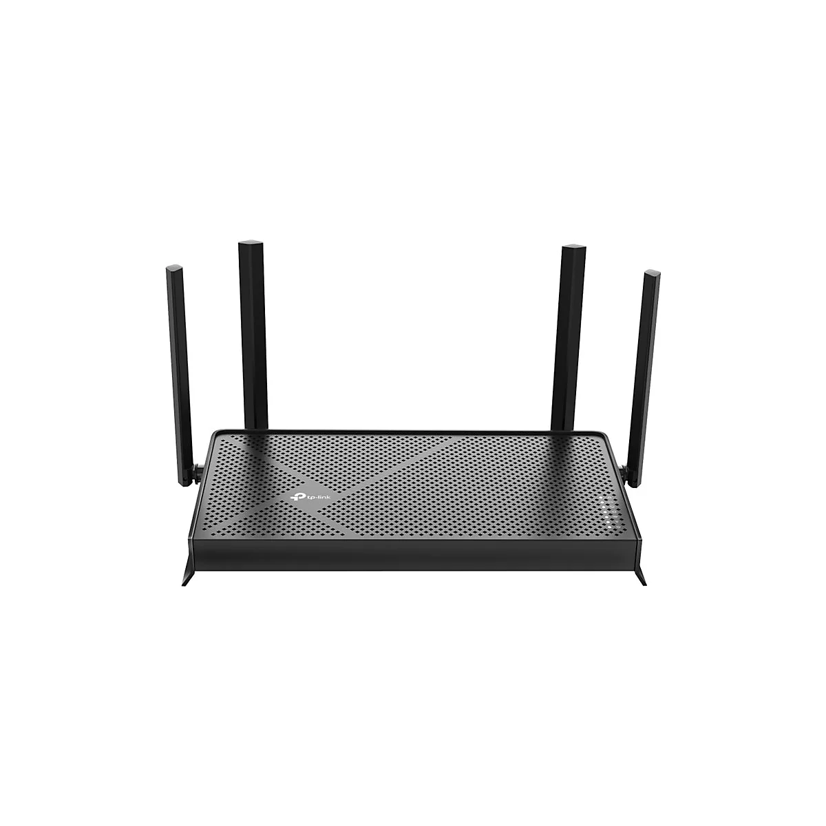 Routeur wifi noir avec quatre antennes. Le boîtier est perforé avec le logo tp-link.