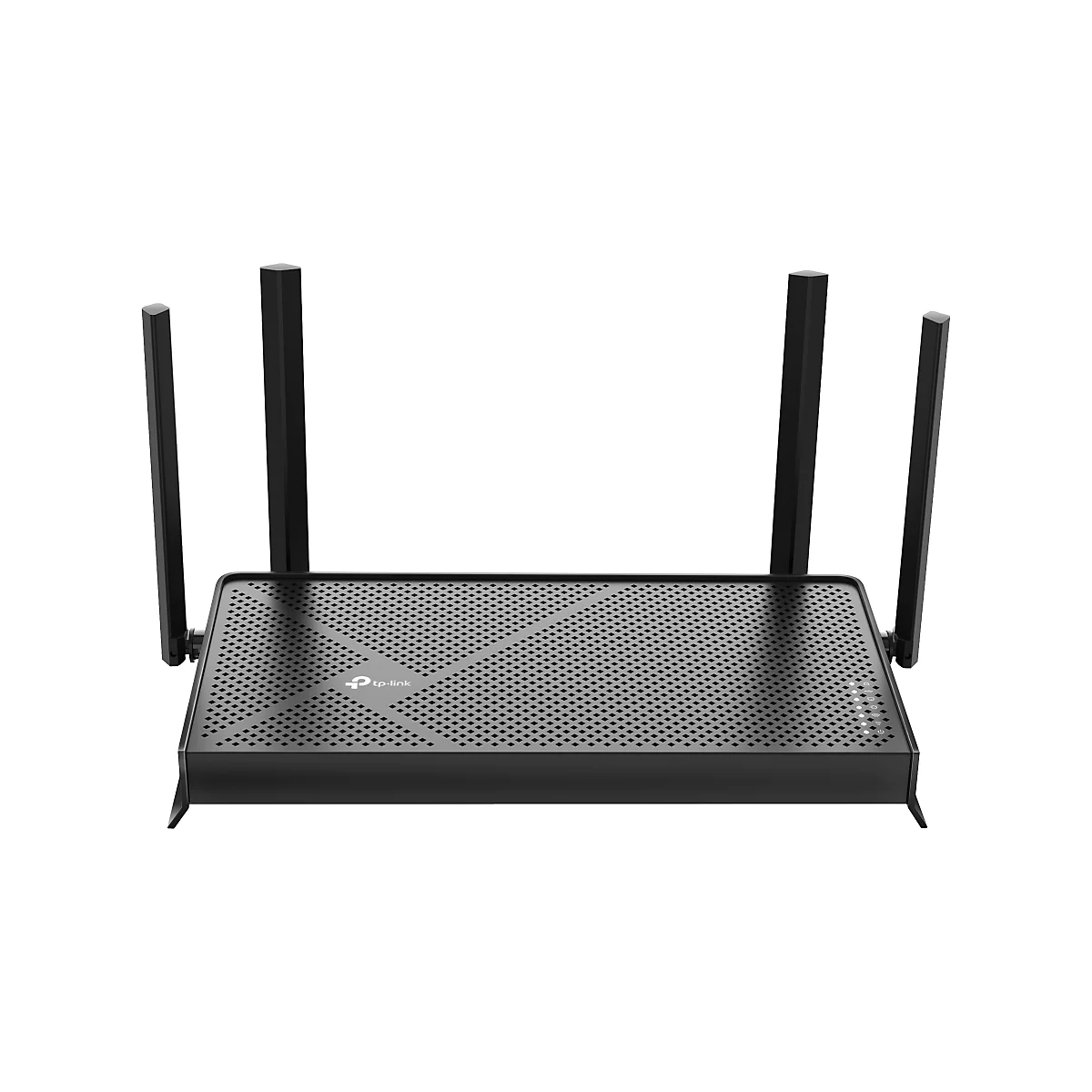 Schwarzer WLAN-Router mit vier Antennen, Blick von vorne. TP-Link Logo. Gehäuse mit Lochmuster.