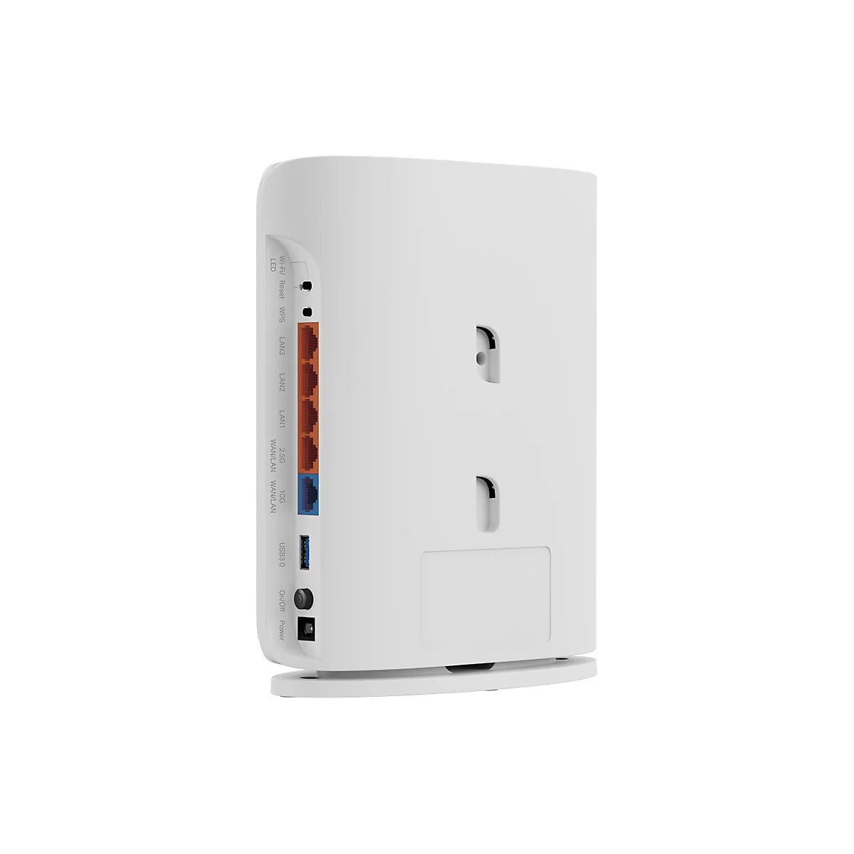 Ein weißer Router mit Anschlüssen für LAN, WAN, USB. Aufschrift: Wi-Fi, Reset, WPS, LAN3, LAN2, LAN1, 2.5G, 10G, USB3.0, Ein/Aus, Power.