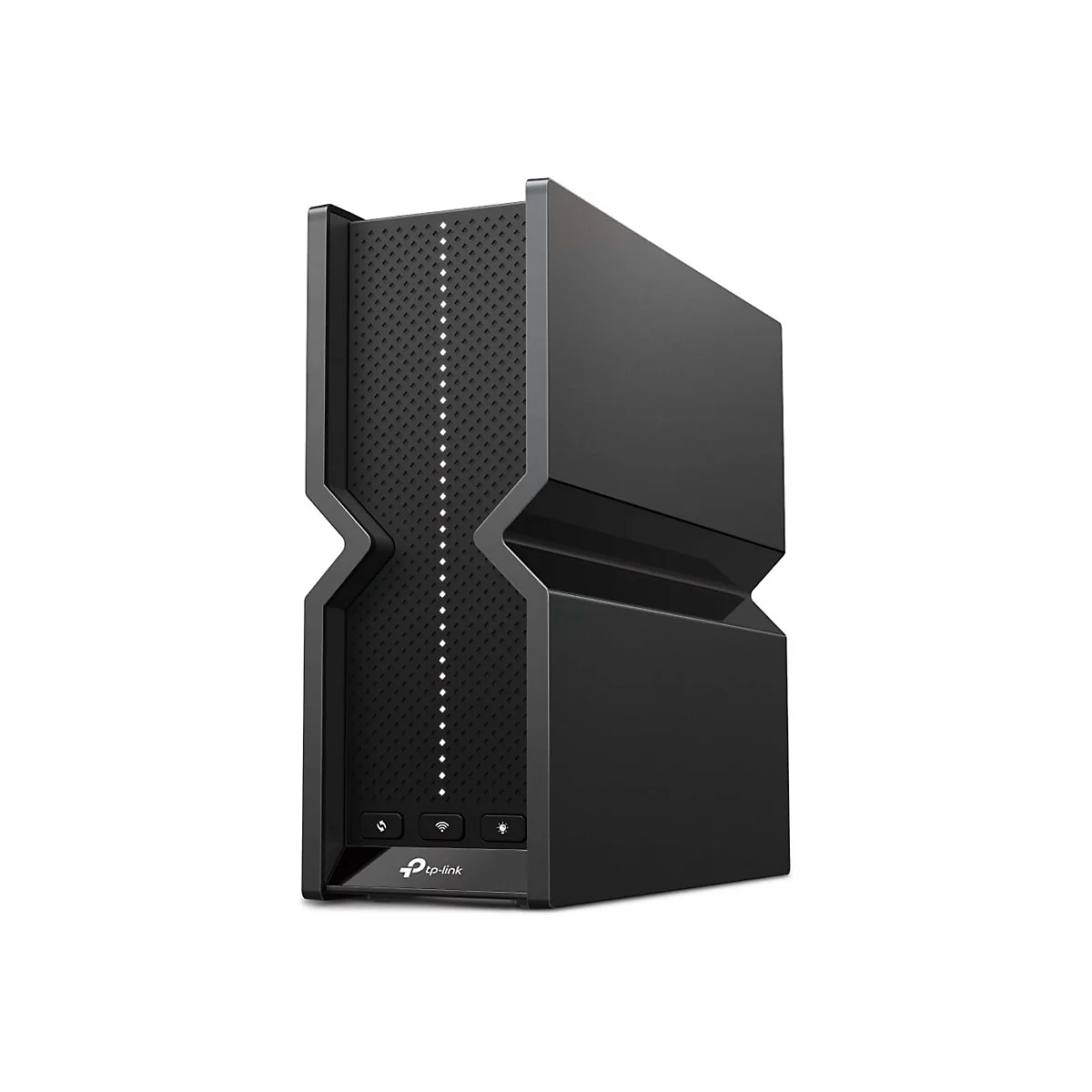 Routeur TP-Link noir. Façade avec logo, lumières et motif.