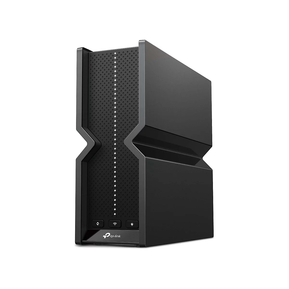 Schwarzer Router mit perforierter Front und LED-Leuchten. TP-Link Logo unten.