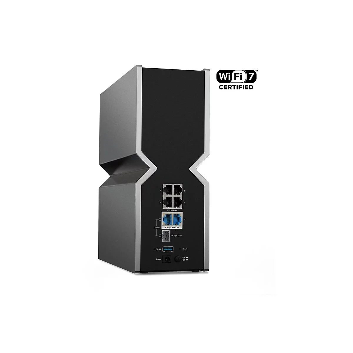 Ein schwarzer Router mit Anschlüssen, USB 3.0 und WiFi 7 Zertifizierung. Die Rückseite zeigt Ports und Knöpfe.
