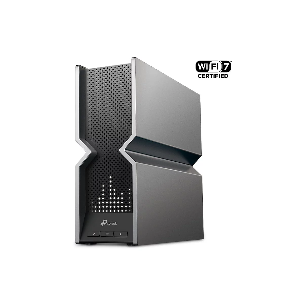 Grauer WLAN-Router mit 'Wi-Fi 7 CERTIFIED'-Logo. Das TP-Link-Gerät steht vor weißem Hintergrund.