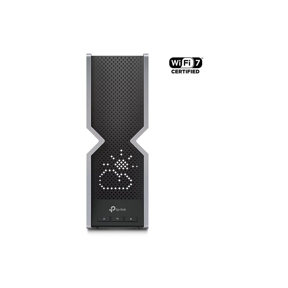 Un appareil Wi-Fi gris avec un motif de grille noir et un affichage météo. En haut à droite : « Wi Fi 7 CERTIFIED ».