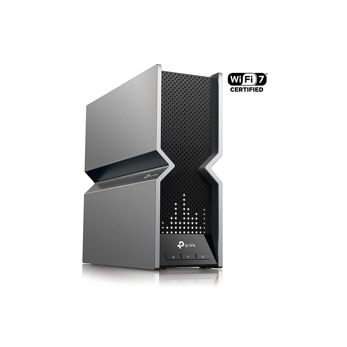 Routeur Wi-Fi gris avec le logo "tp-link" et l'inscription "Wi-Fi 7 Certified".